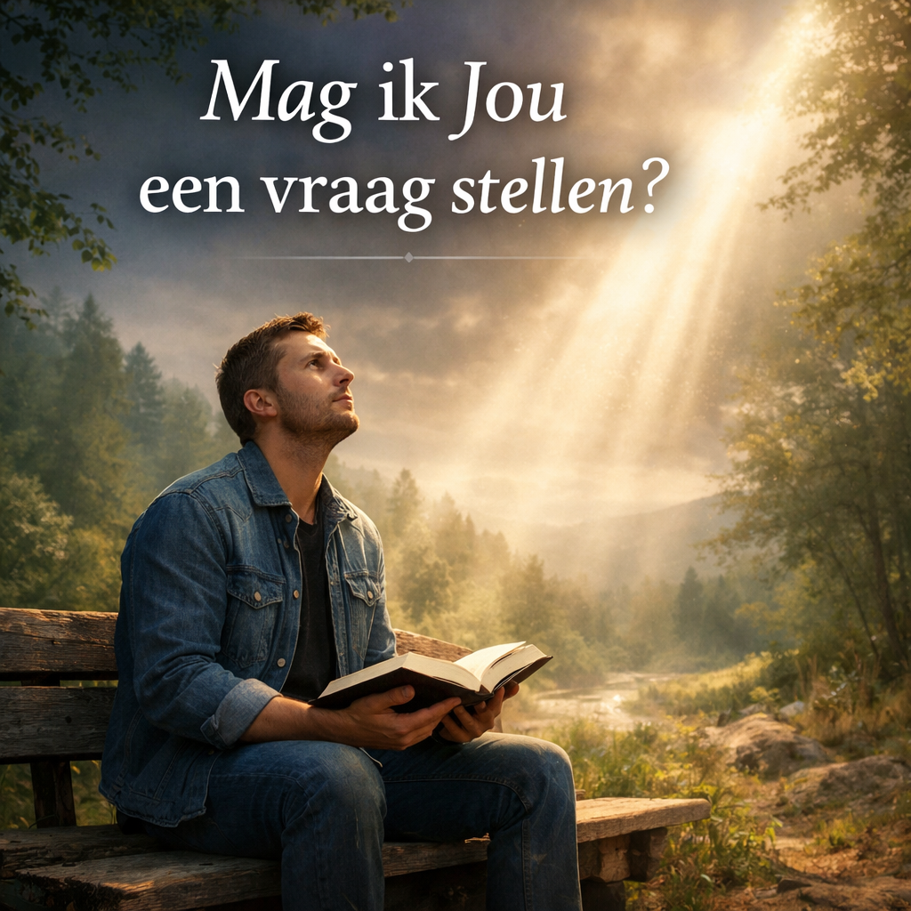 Iemand zit op een houten bankje in een bos, badend in helder, etherisch zonlicht, en leest een boek. De tekst luidt: Mag ik Jou...