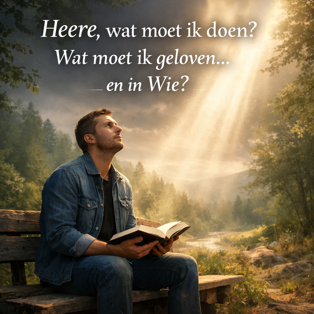 Iemand zit buiten op een houten bankje en leest een boek, terwijl hij naar de lichtstralen kijkt. Boven hem staat Nederlandse tekst.