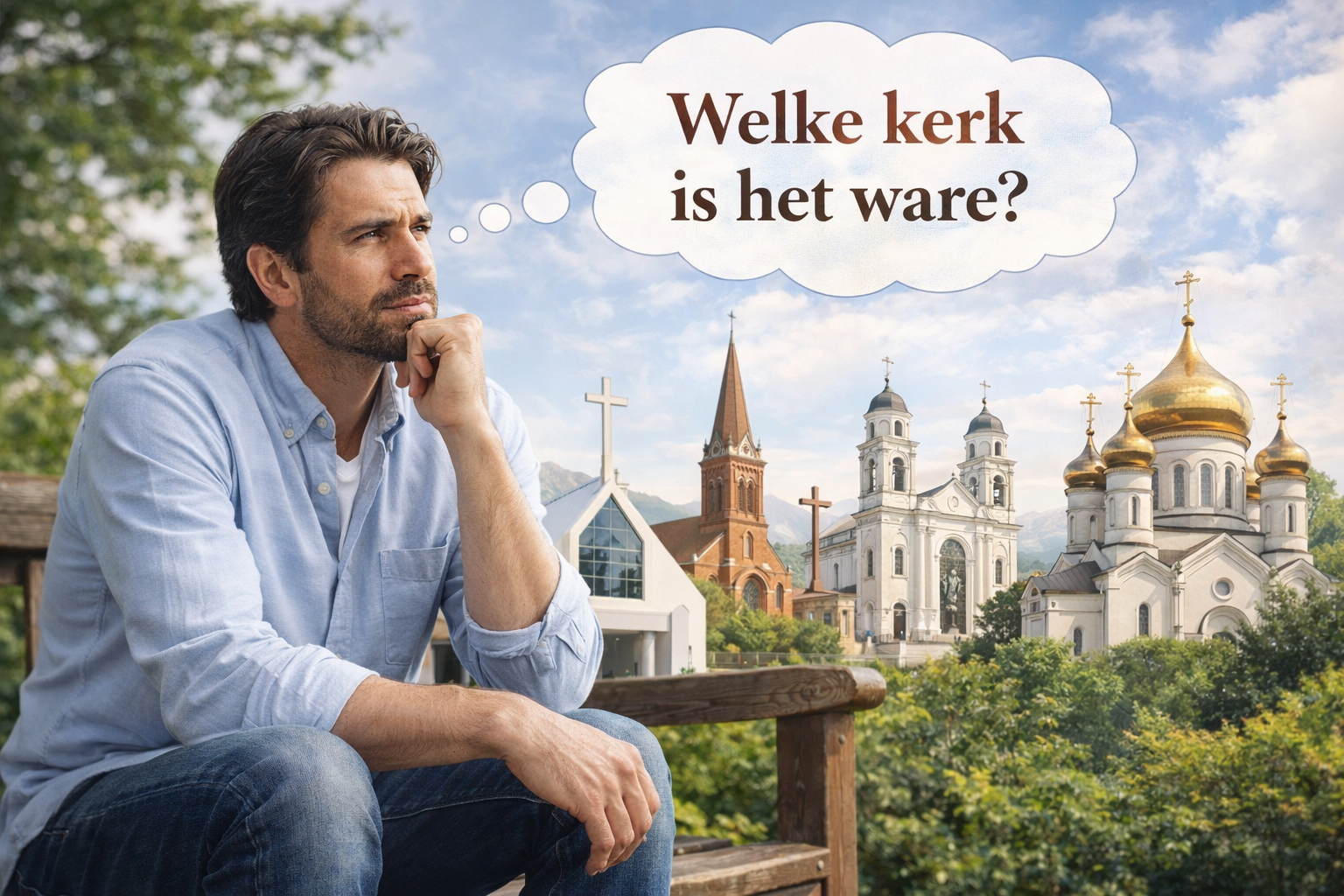 Iemand zit op een bankje en kijkt naar verschillende kerken. In een tekstballonnetje verschijnt de vraag in het Nederlands: