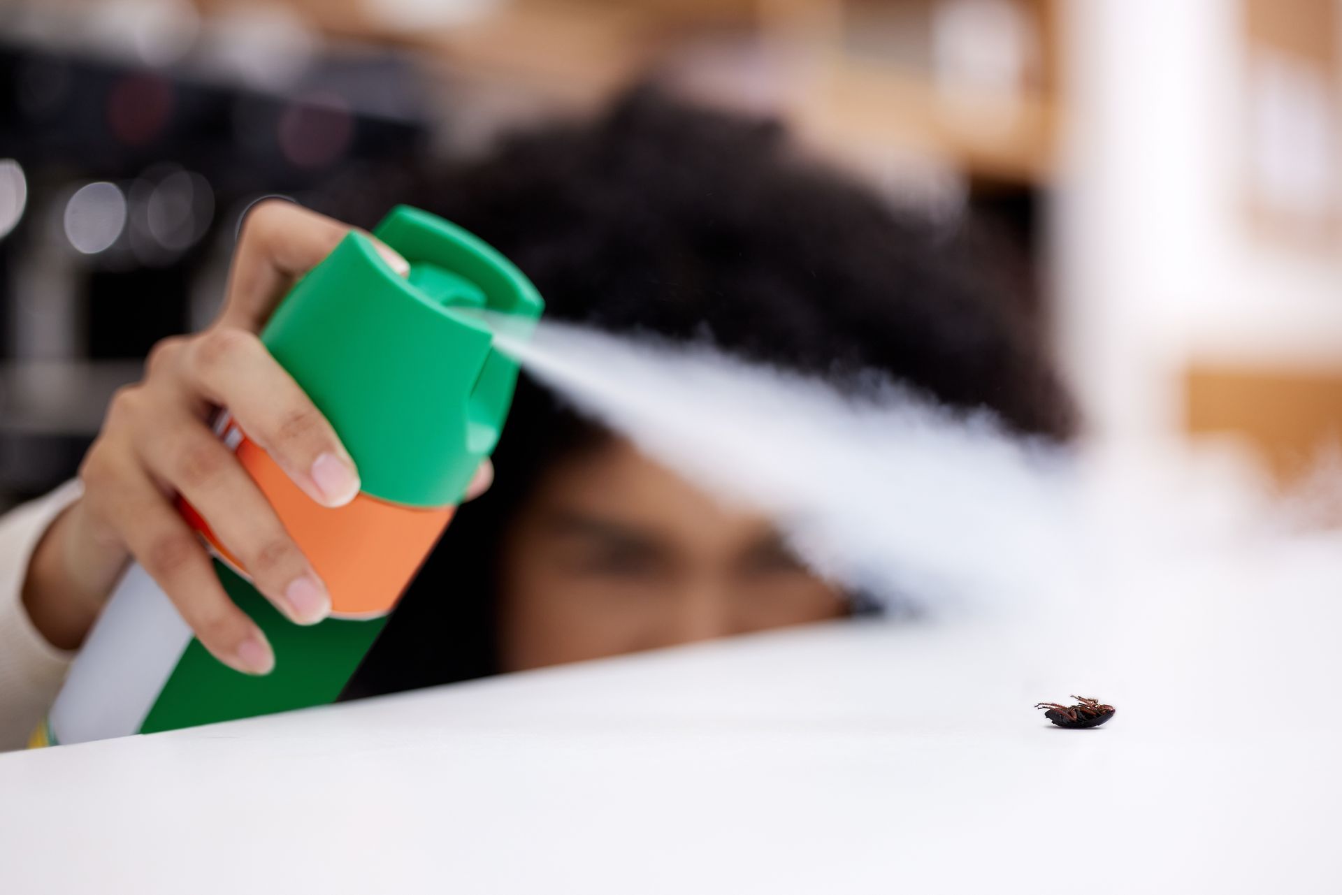 Person spraying aerosol at a small insect on a white surface