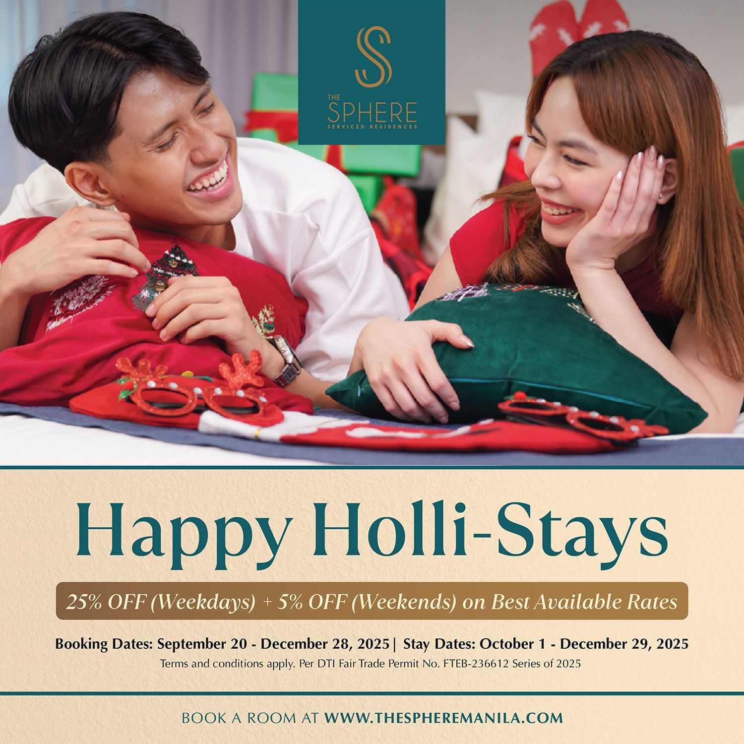 Couple on bed, smiling, with Christmas decor. Ad for 