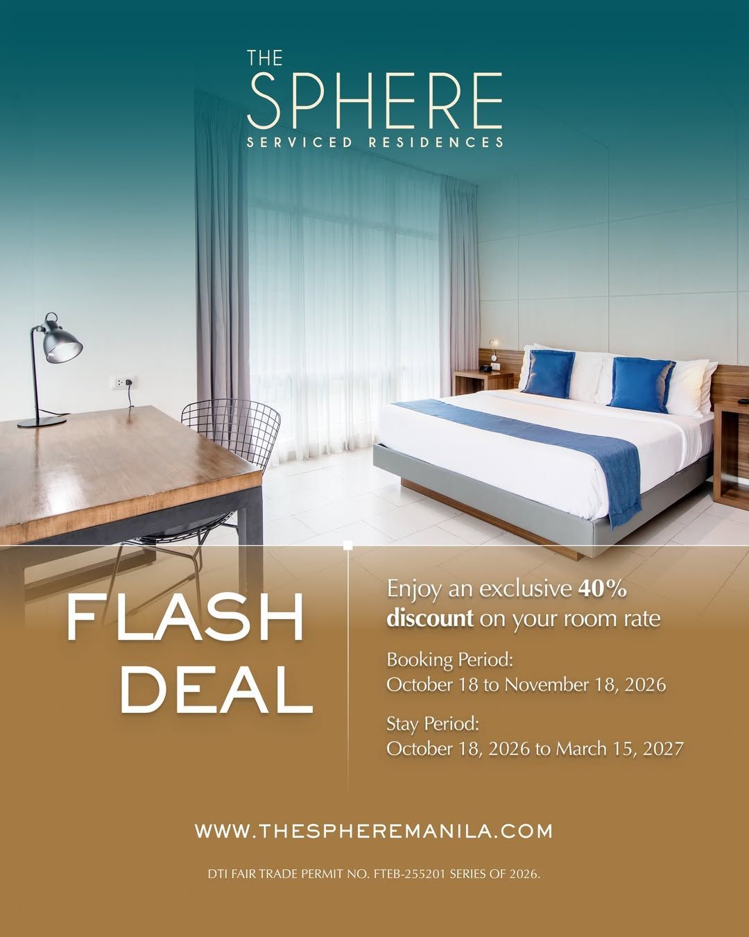 Hotel promo: modern white bedroom with blue accents and desk, advertising a flash deal at The Sphere.