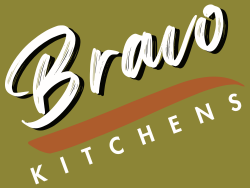 Bravo Kitchens logo in white script on olive green background with orange swoosh