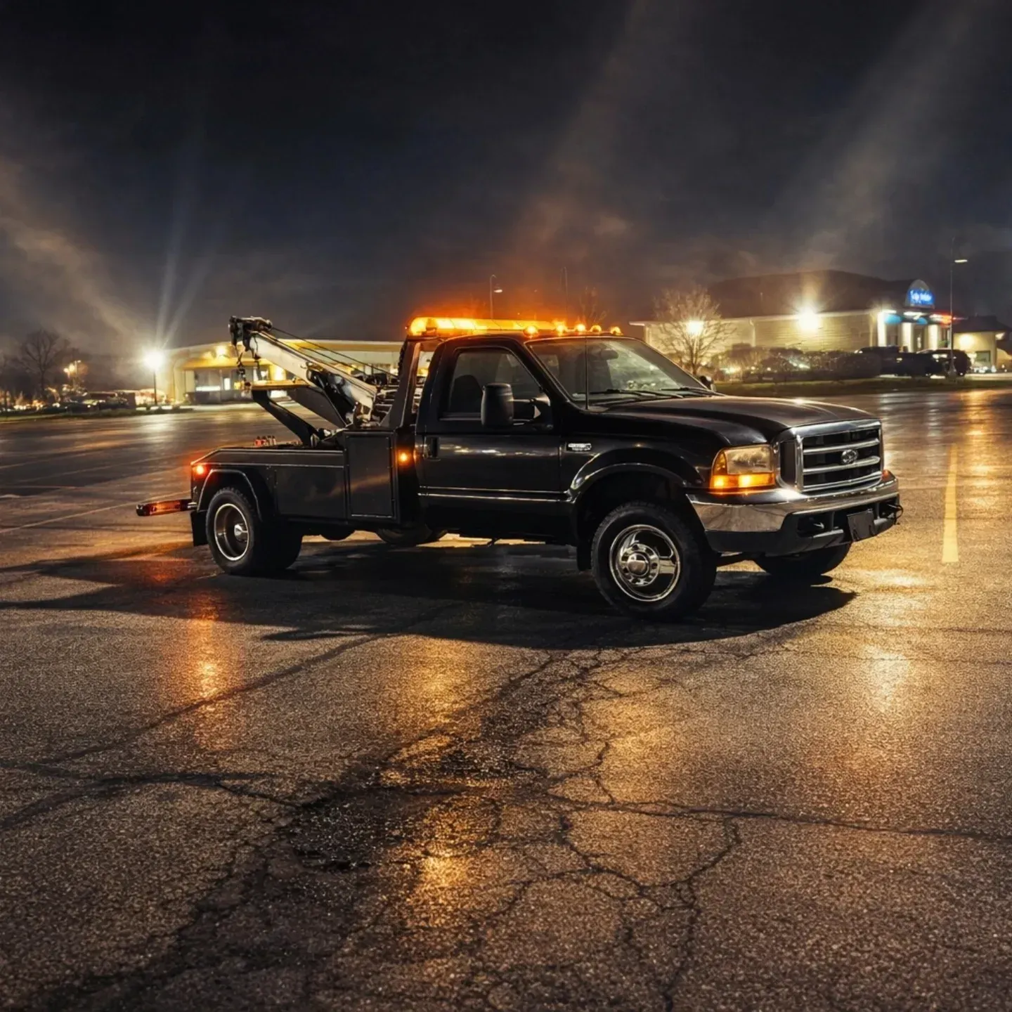 Black tow truck with amber lights parked on a wet lot at night, lit by nearby storefronts.