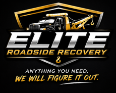 Elite Roadside Recovery tow truck ad with black and gold design, services, phone number, and contact details