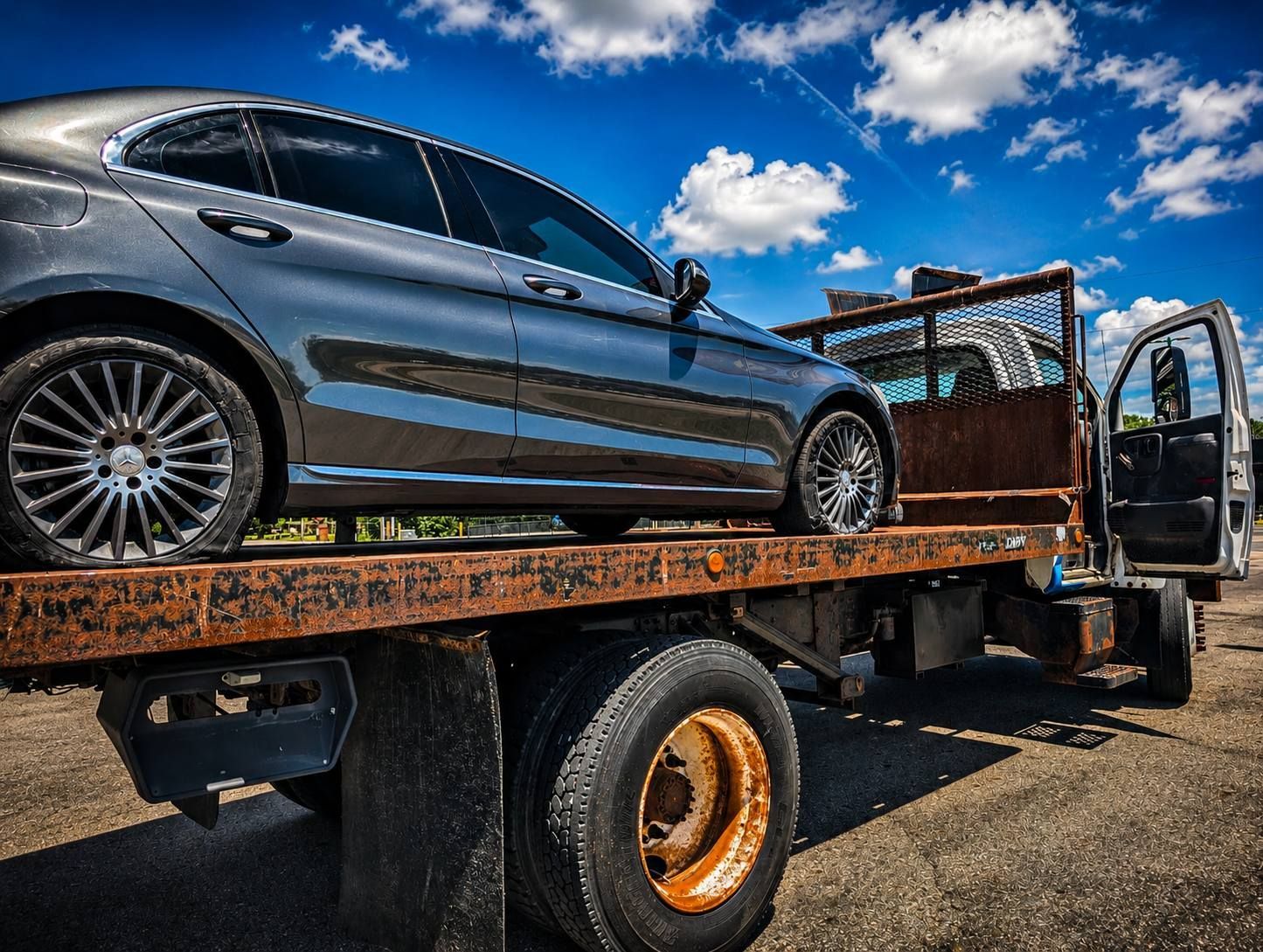 Black sedan loaded on a flatbed tow truck under a bright blue sky