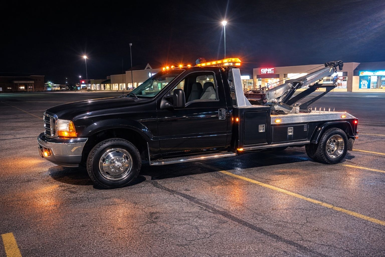 Black tow truck with amber lights parked in a lit lot at night