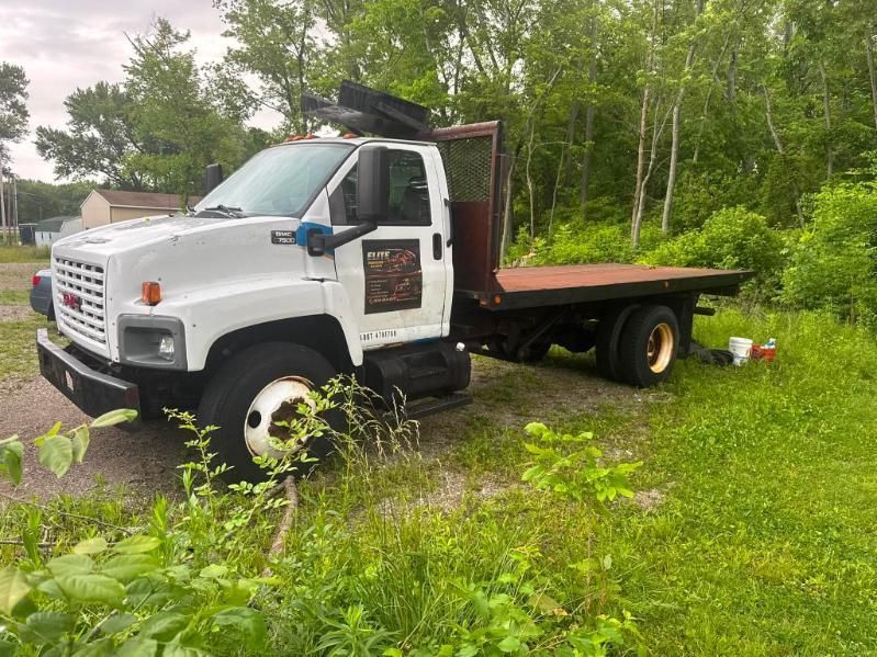 White flatbed truck parked in a grassy area beside trees, with the bed open and a puddle nearby.