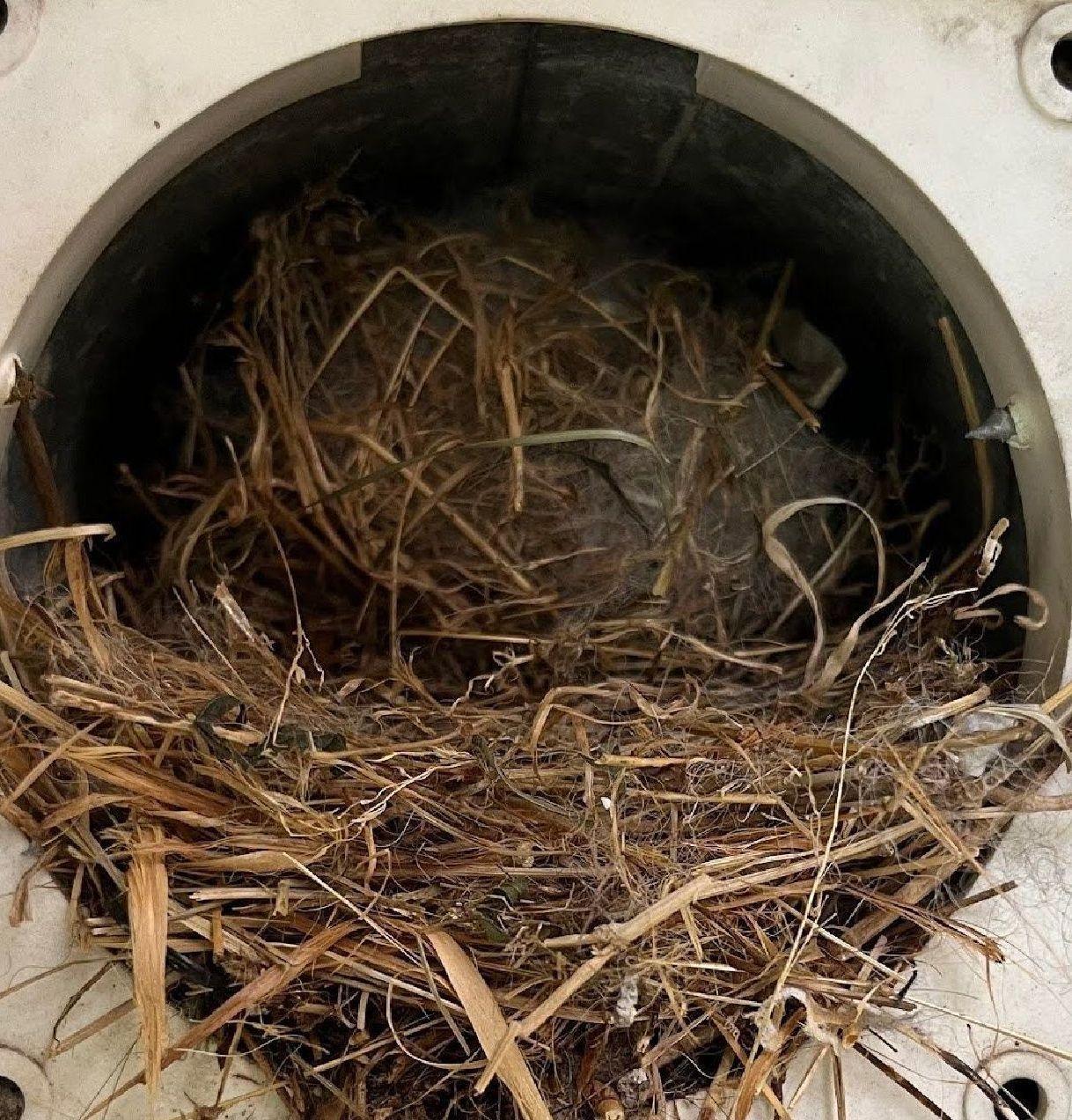 A close up of a dirty duct with a hole in the middle.