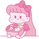 Cute pink cartoon girl with a bow holding a lunch box filled with food and sweets.