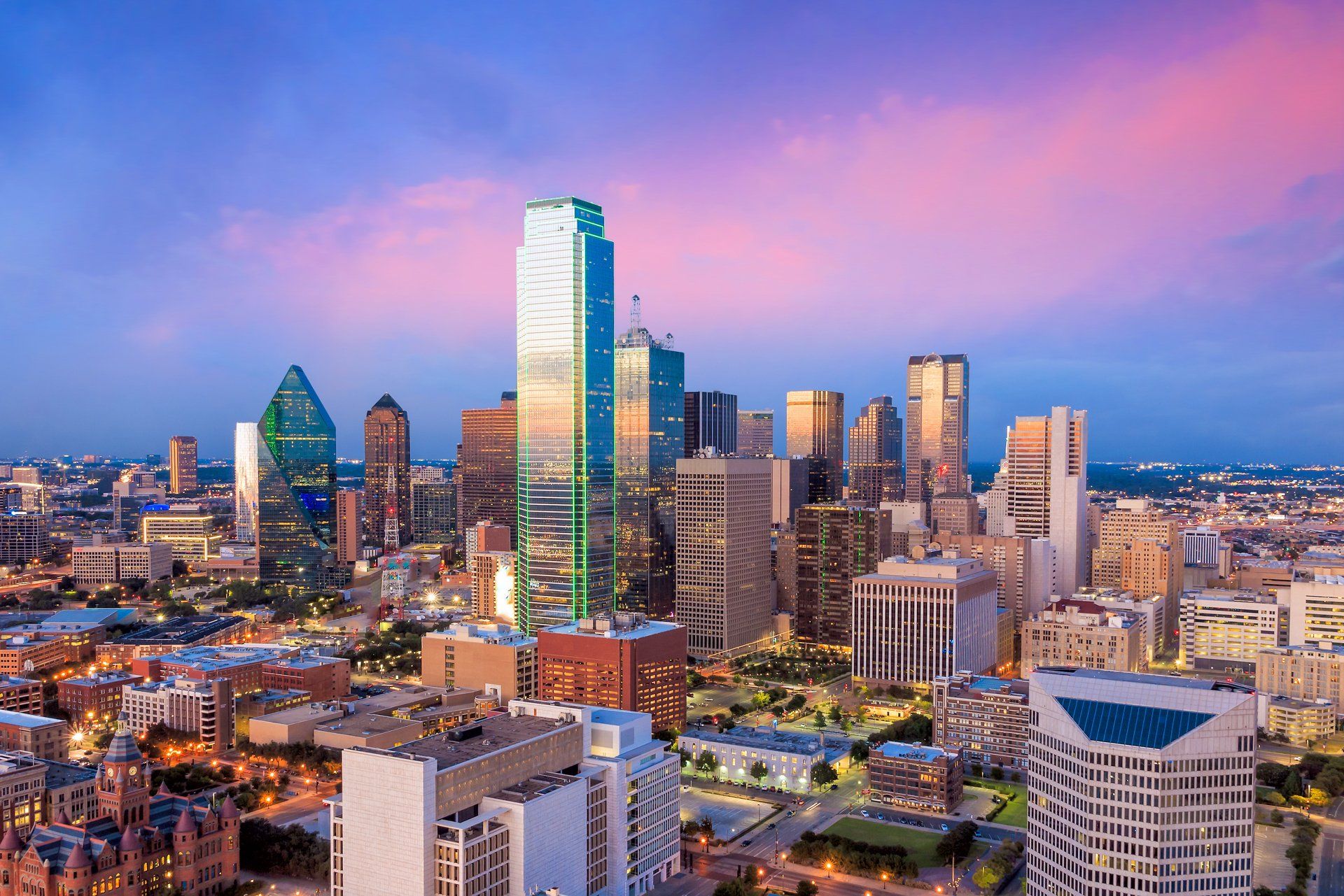 downtown dallas skyline at sunset