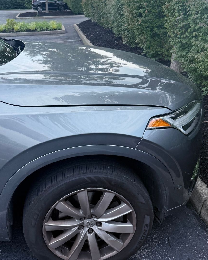 Silver SUV parked beside a hedge in a driveway