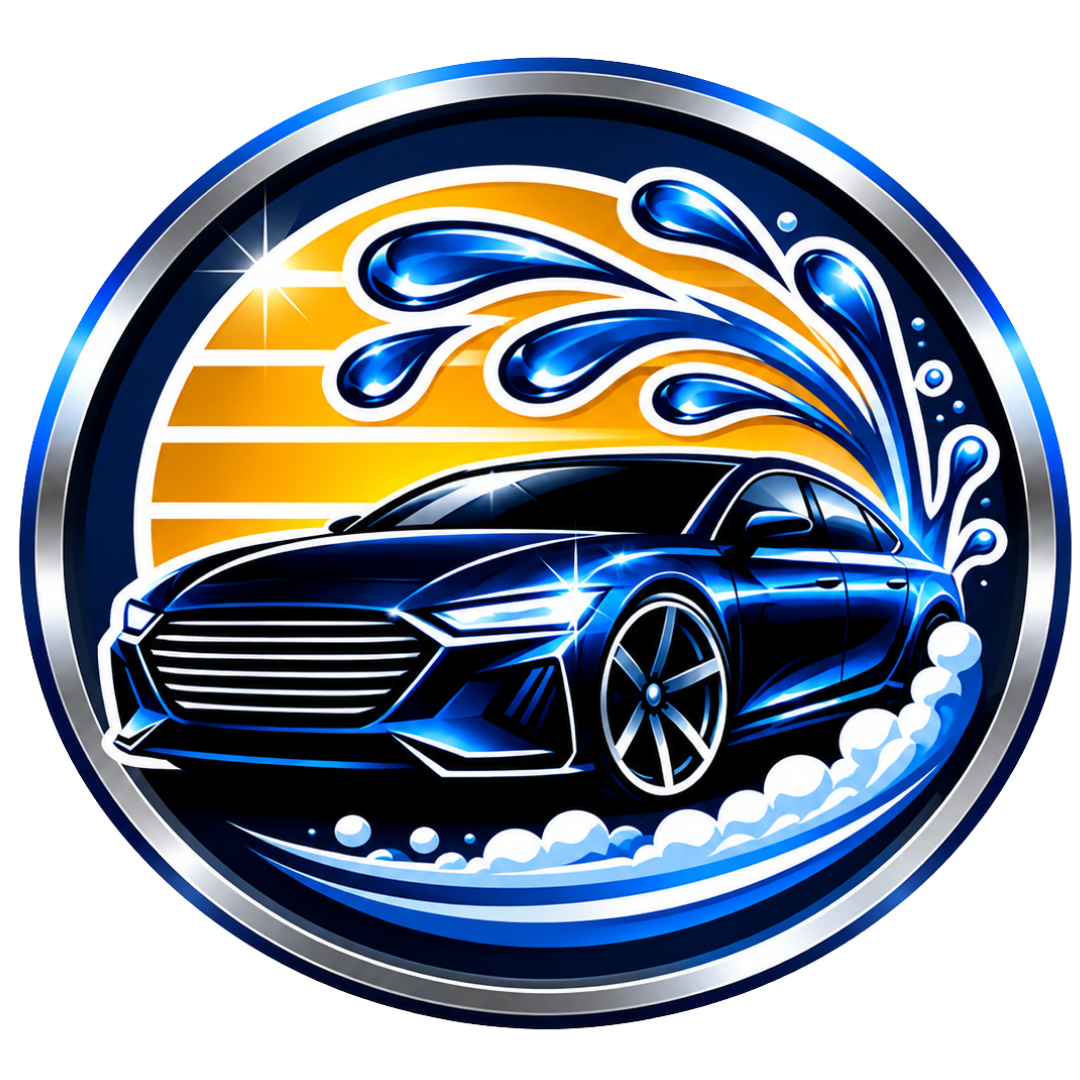 Blue sports car emblem with orange sunburst and water splash in a circular logo