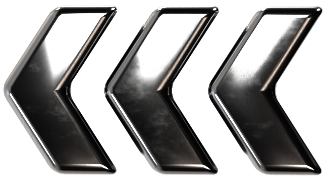 Three metallic black left-pointing chevrons on a white background