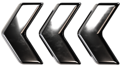 Three metallic black left-pointing chevrons on a white background