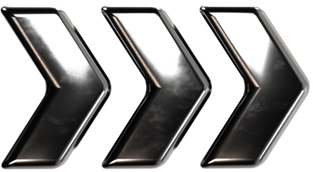 Three glossy black right-pointing chevrons on a white background