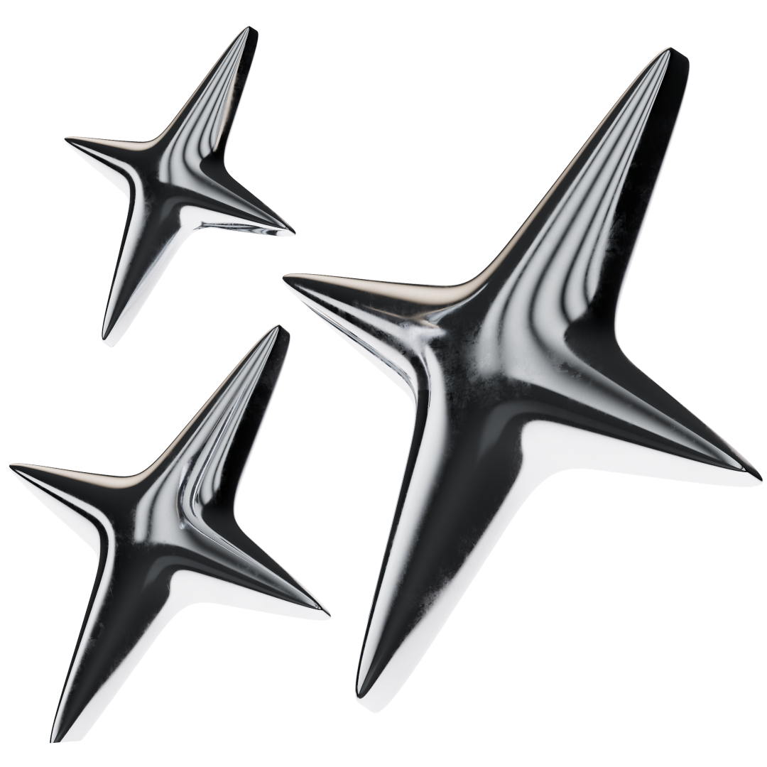 Three shiny silver starburst shapes on a white background