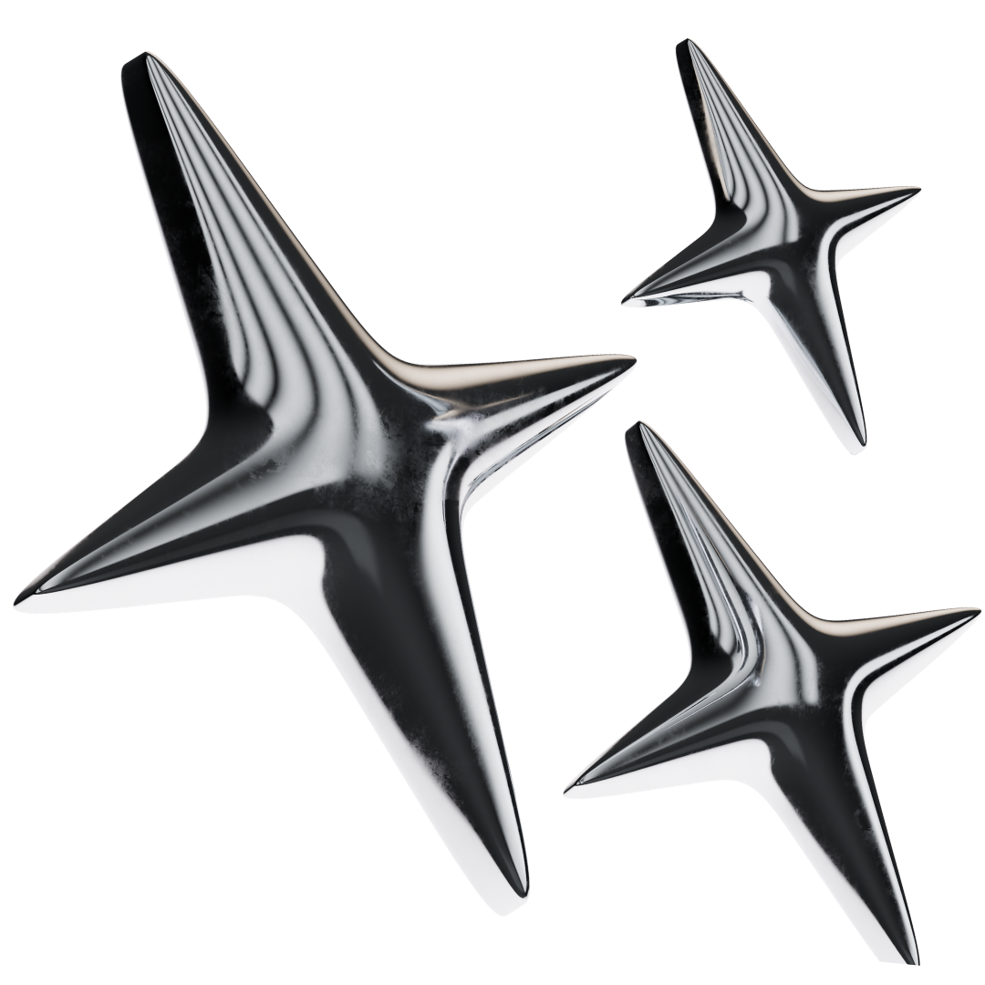 Three shiny silver star shapes on a white background