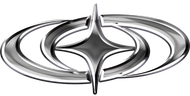 Silver oval automotive logo with a four-pointed star in the center