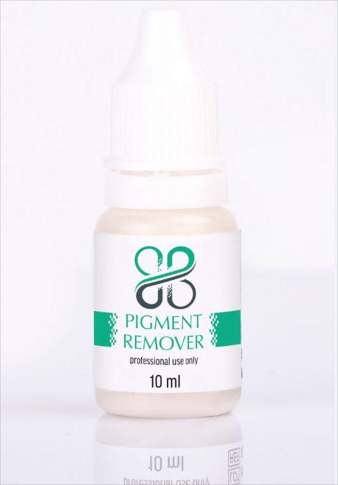 Flasche mit Pigmententferner und grün-weißem Etikett, 10 ml.
