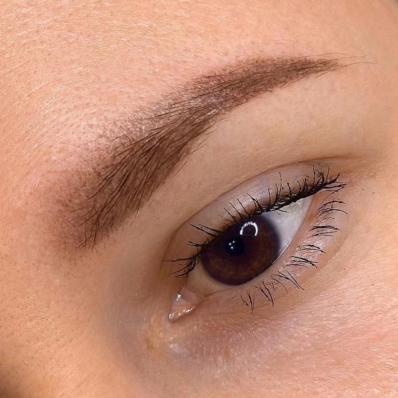 Nahaufnahme eines Auges mit sorgfältig geformter, brauner Augenbraue, dunkelbrauner Iris und sichtbaren Wimpern.