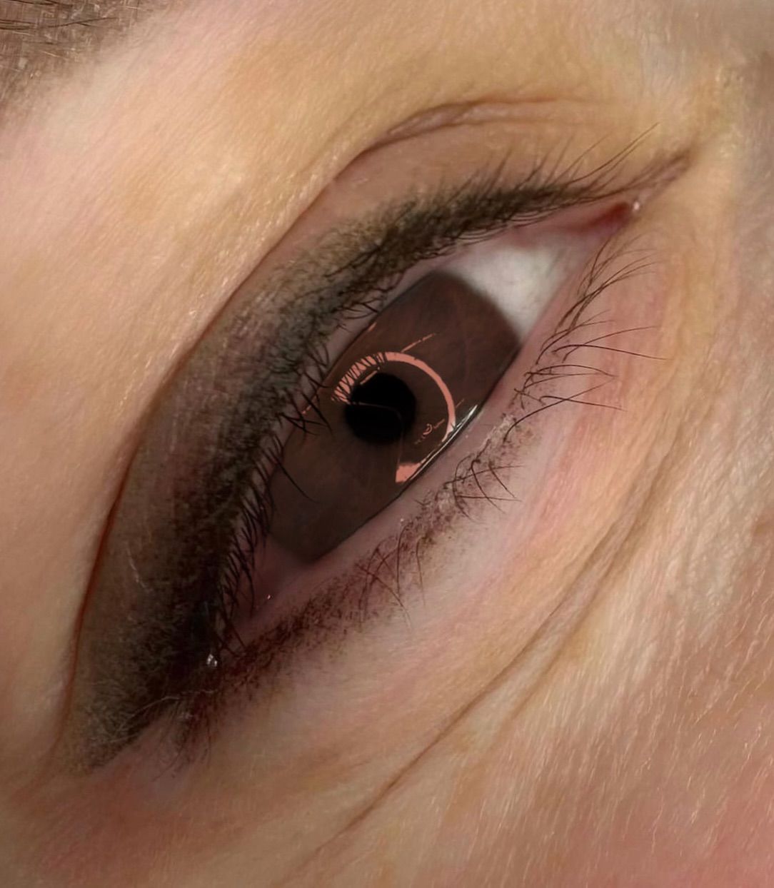 Nahaufnahme eines menschlichen Auges mit dunklen Wimpern und brauner Iris, das das umgebende Licht reflektiert.