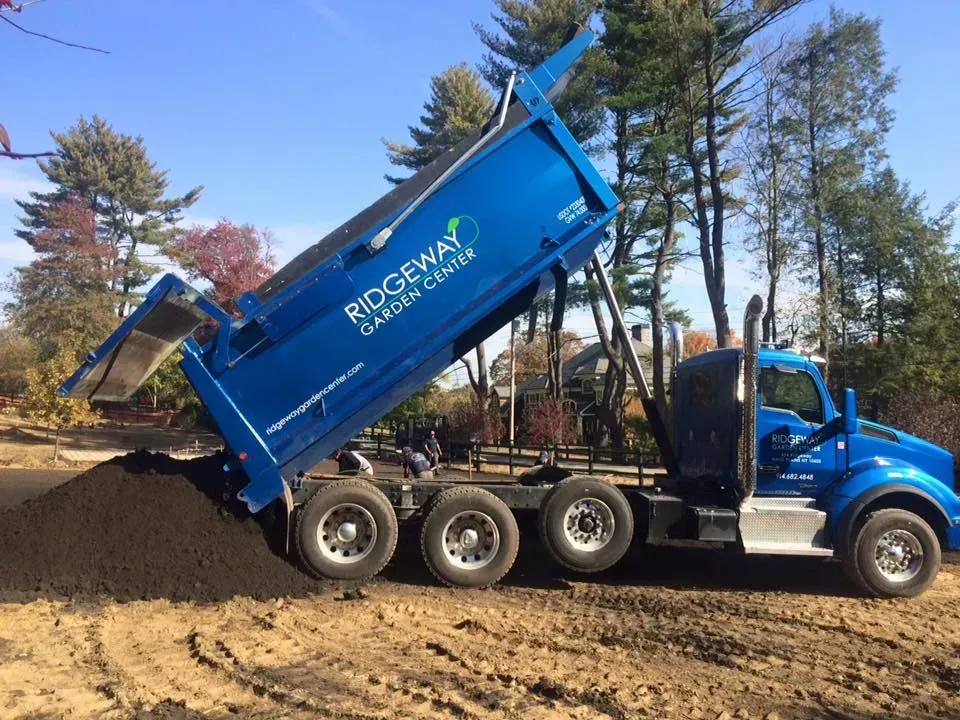 Blue Ridgeway dump truck unloading dirt at a construction site among trees