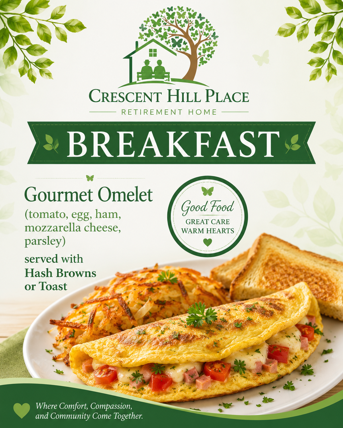 Crescent Hill Place breakfast menu featuring a gourmet omelet, hash browns, and toast on a green-white background