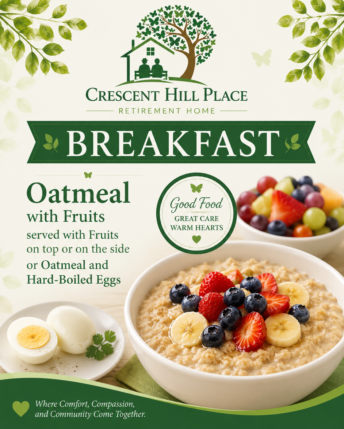 Breakfast menu with oatmeal, fruit, and hard-boiled eggs at Crescent Hill Place, green and white design