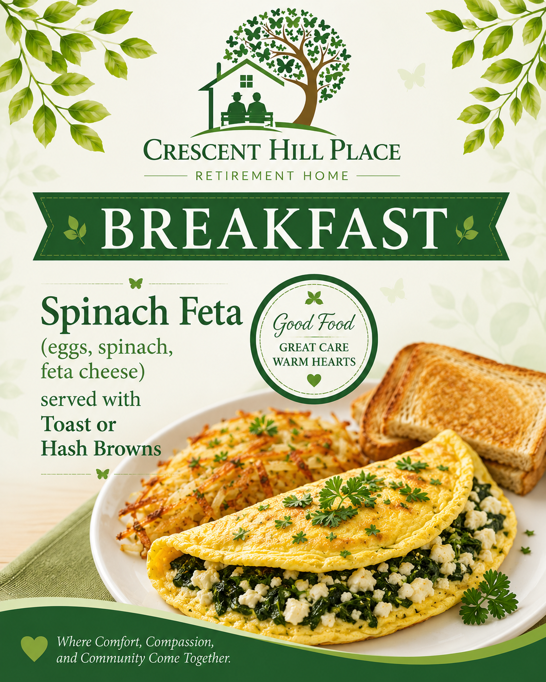 Breakfast menu featuring spinach feta omelet with toast and hash browns from Crescent Hill Place