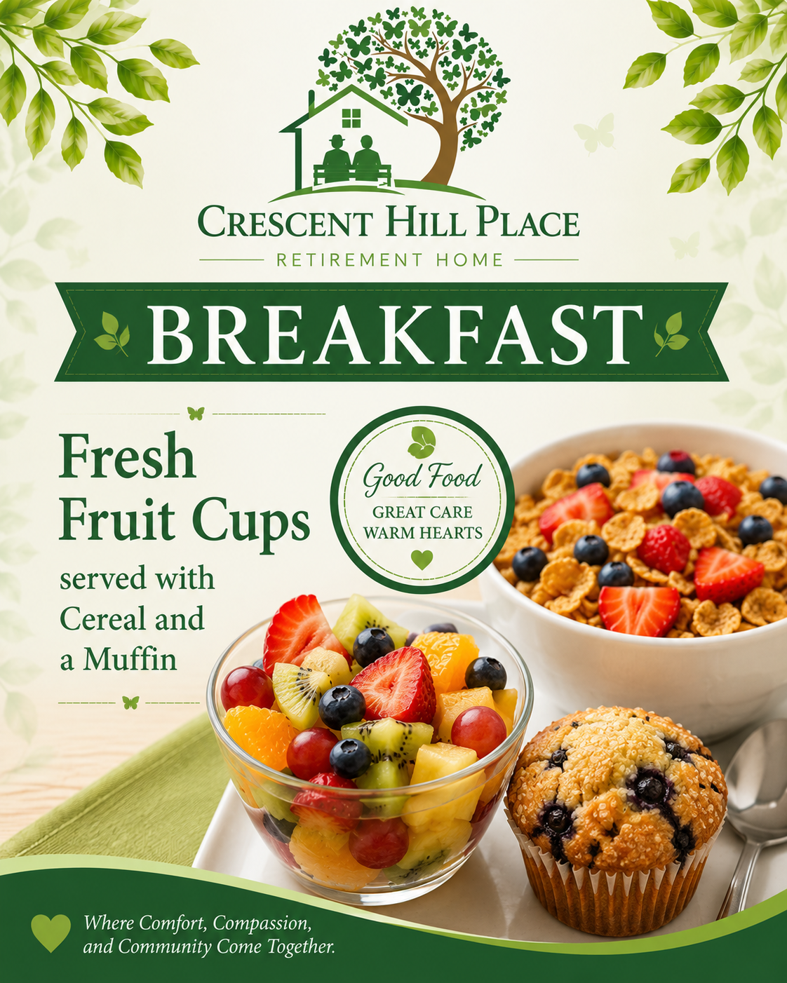 Breakfast menu for fresh fruit cups, cereal, and a muffin, with berry-filled bowls on a green-and-cream flyer