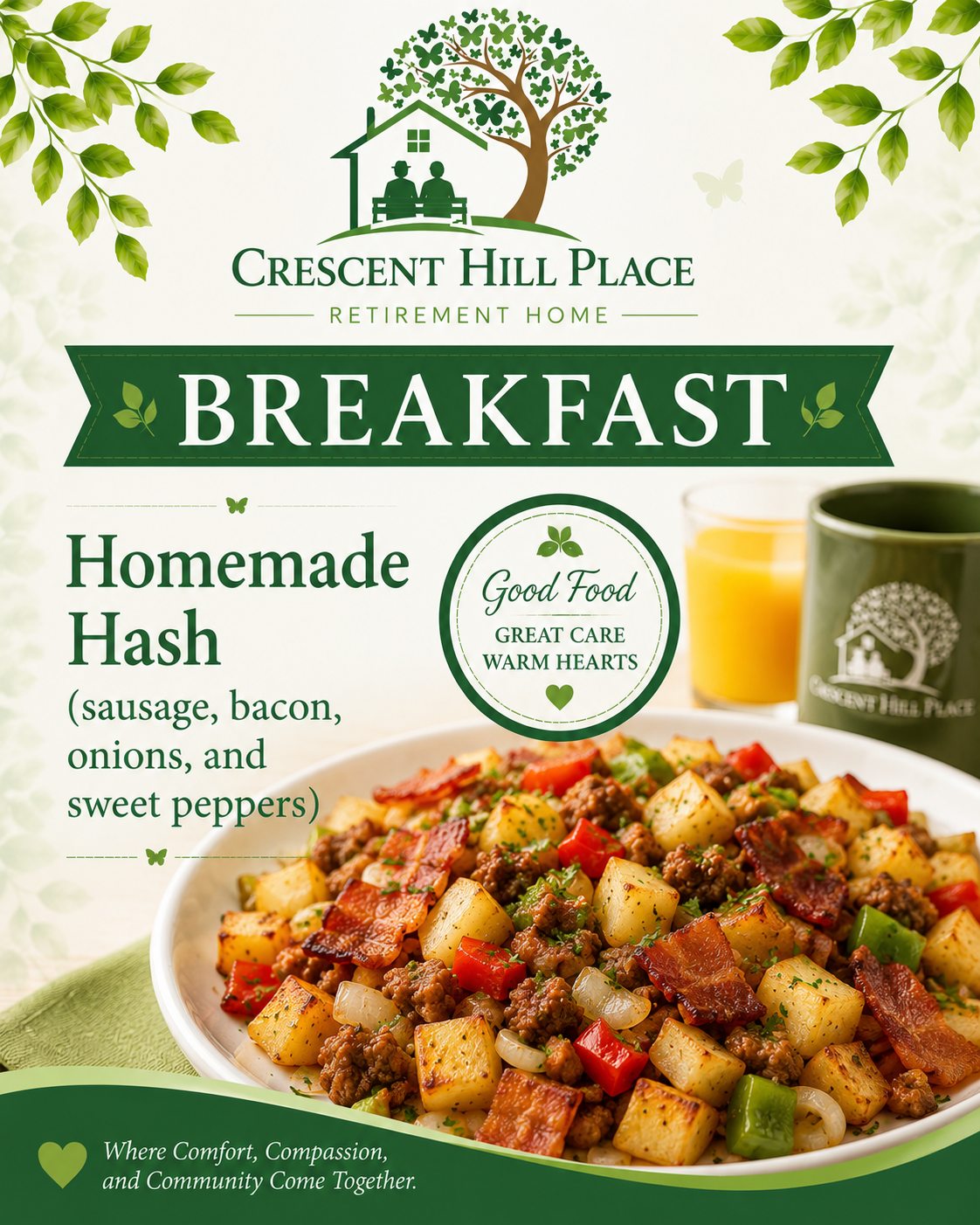 Breakfast ad for Crescent Hill Place: homemade hash with sausage, bacon, onions, and sweet peppers in a bowl.