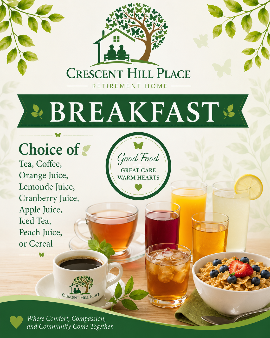 Breakfast menu poster with fruit juice, coffee, cereal, and the Crescent Hill Place logo.