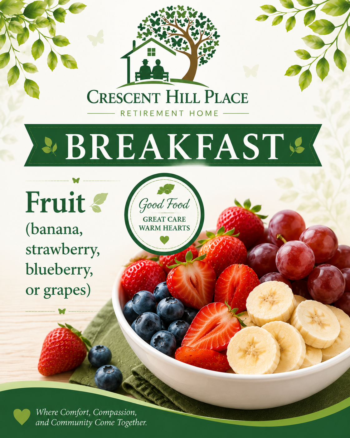 Breakfast menu featuring fruit bowl with strawberries, bananas, blueberries, grapes, and oats on a green floral background