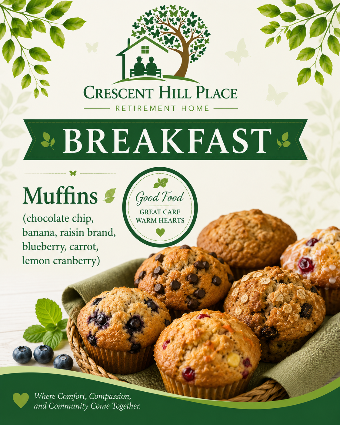 Breakfast poster with assorted muffins and green leaves for Crescent Hill Place, featuring a “good food” seal.
