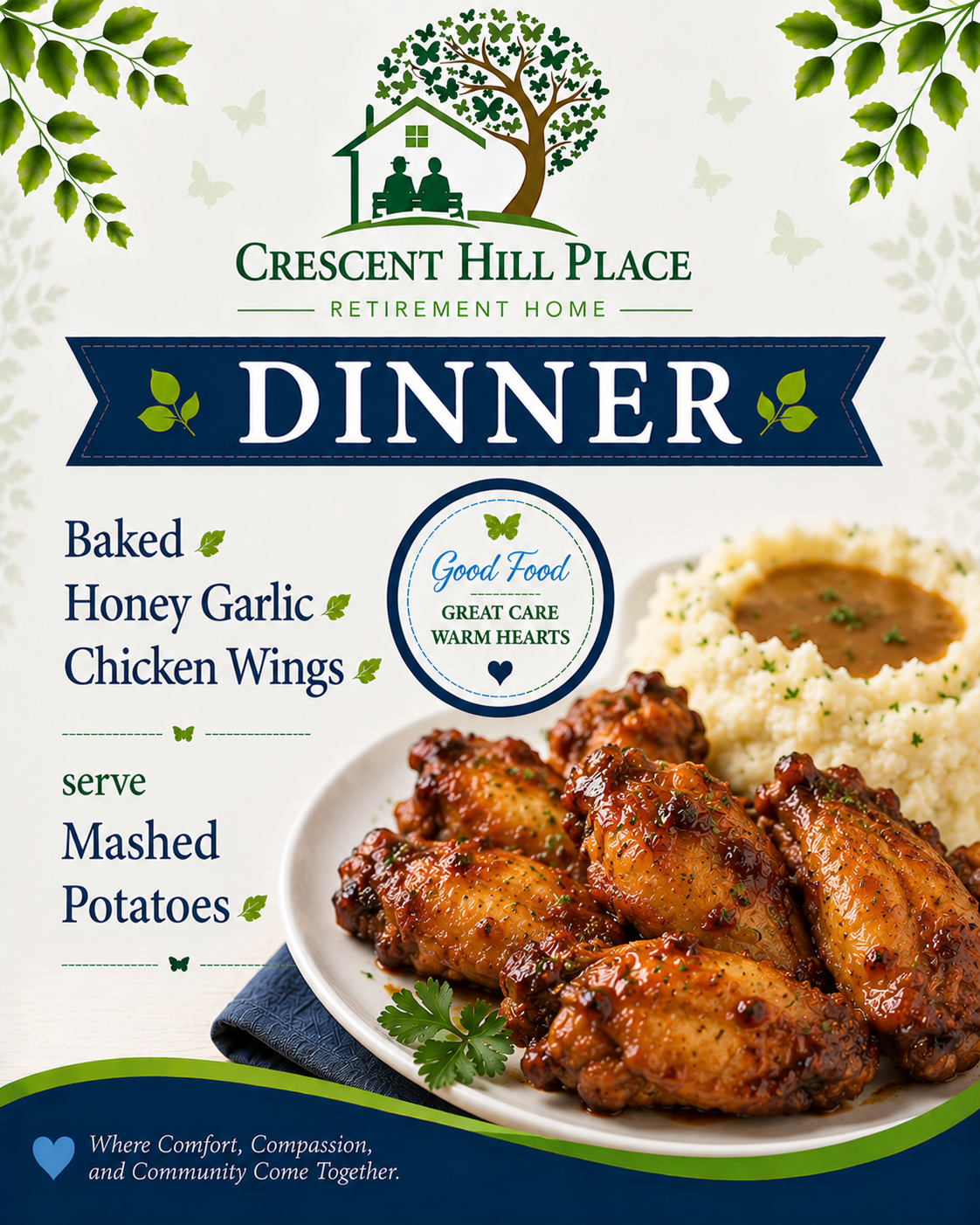 Crescent Hill Place dinner flyer featuring baked honey garlic chicken wings and mashed potatoes on a blue banner.