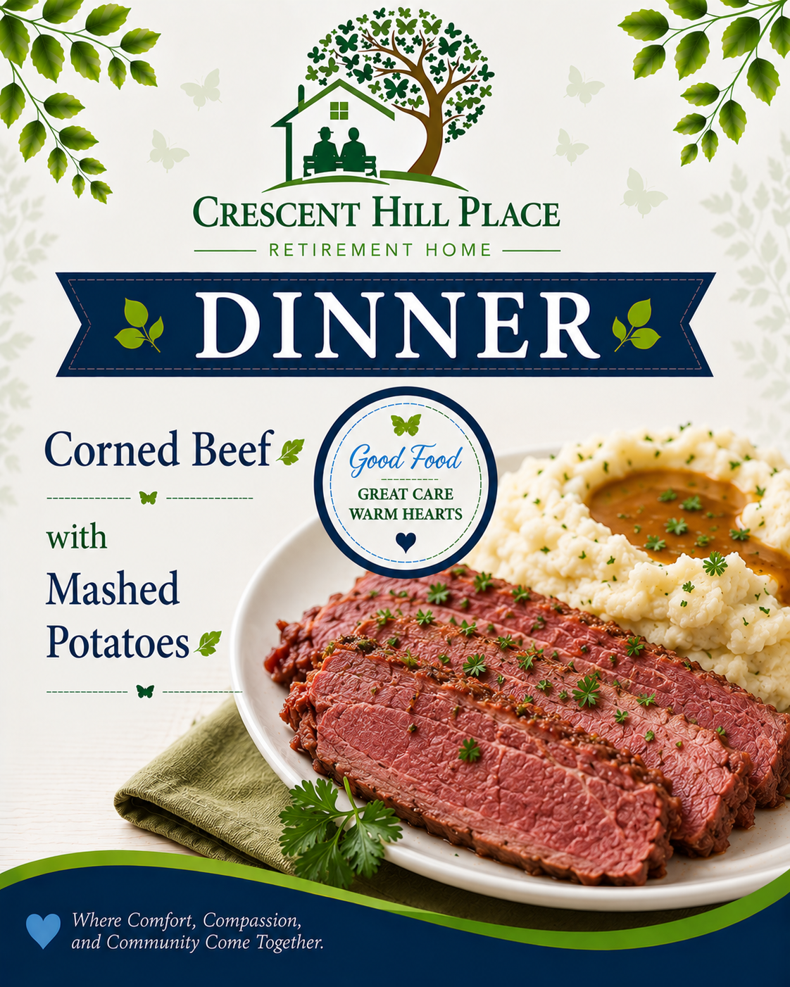 Crescent Hill Place dinner menu cover: corned beef with mashed potatoes on a white plate