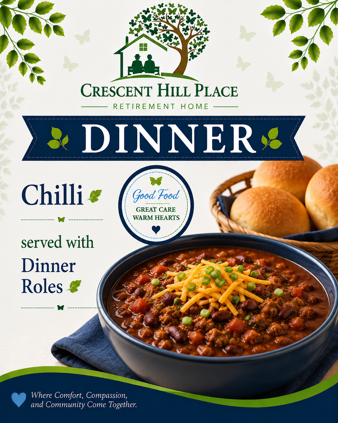 Dinner flyer for Crescent Hill Place featuring chilli with dinner rolls on a blue and green banner.