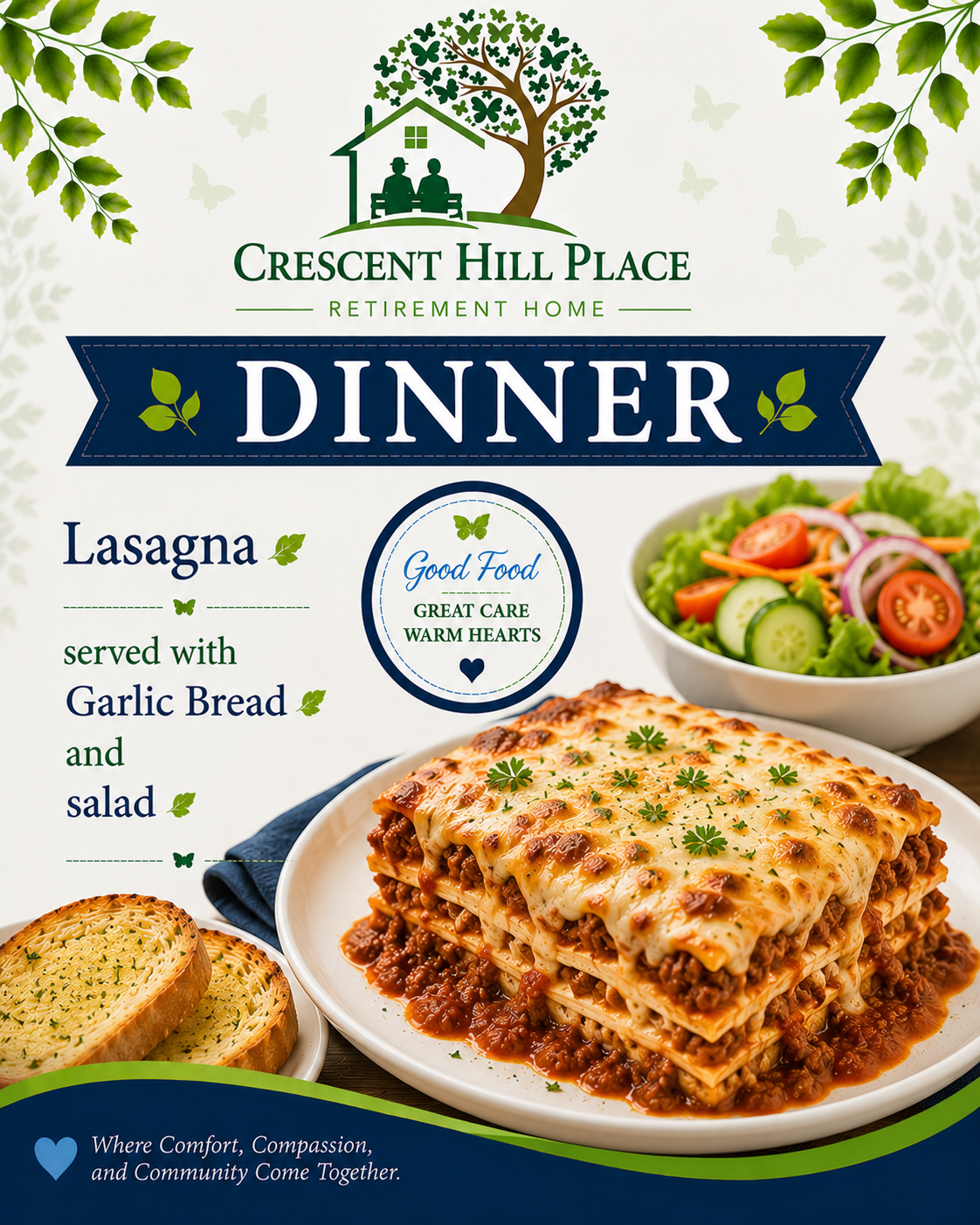 Dinner menu flyer for Crescent Hill Place with lasagna, salad, and garlic bread on a white and blue background