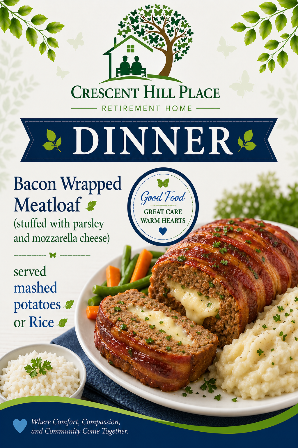 Crescent Hill Place dinner ad for bacon-wrapped meatloaf with mashed potatoes or rice, on a green leaf-themed background