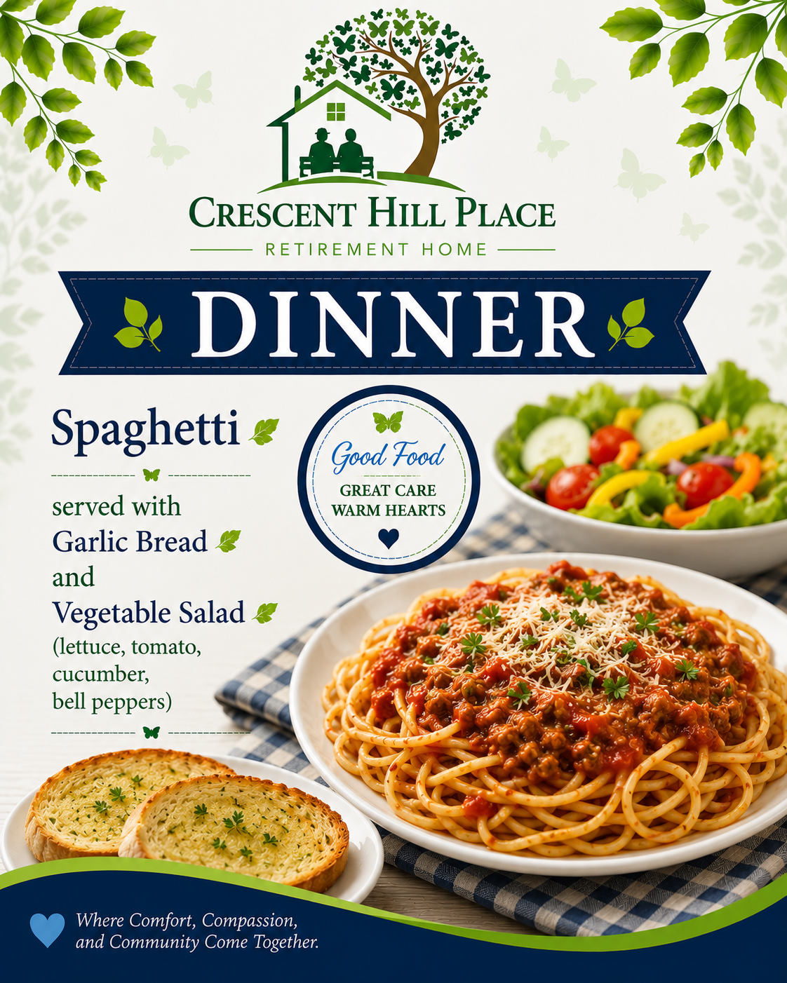 Dinner flyer for Crescent Hill Place with spaghetti, salad, garlic bread, and soup on a green-and-blue poster