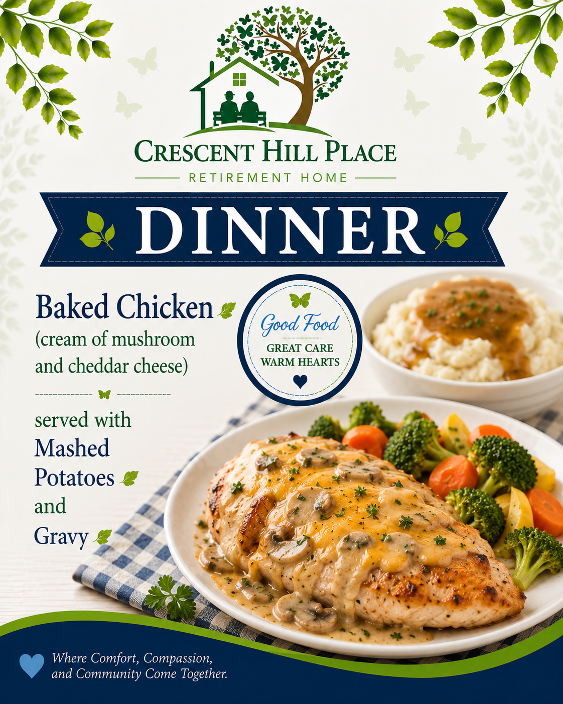 Crescent Hill Place dinner flyer featuring baked chicken, mashed potatoes, gravy, and vegetables on a blue background