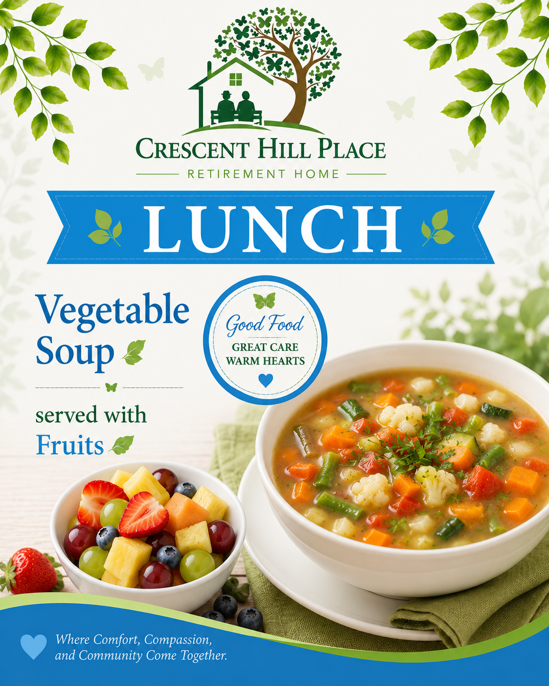 Crescent Hill Place lunch menu featuring vegetable soup, fruit, and a bowl of soup on a blue-green design