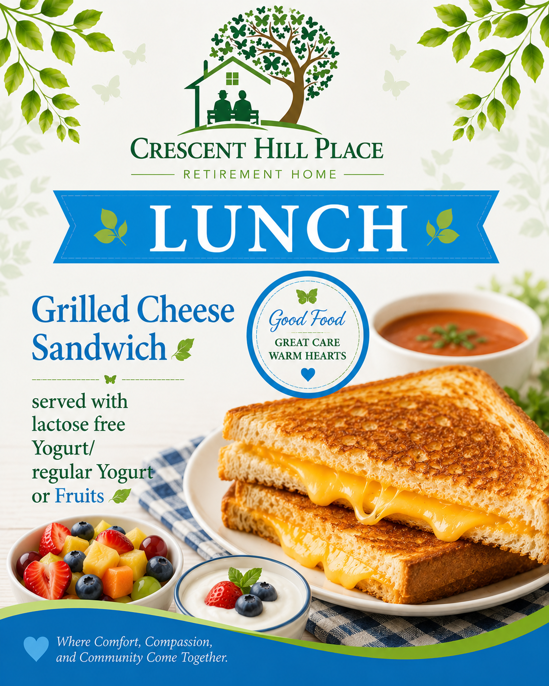 Crescent Hill Place lunch menu featuring grilled cheese sandwich, soup, yogurt, and fruit with blue and green design