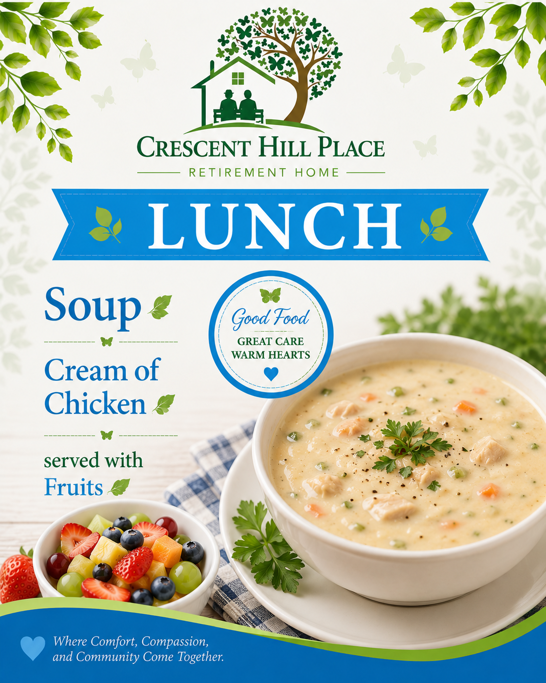 Lunch menu poster for Crescent Hill Place: cream of chicken soup served with fruit, in blue and green.