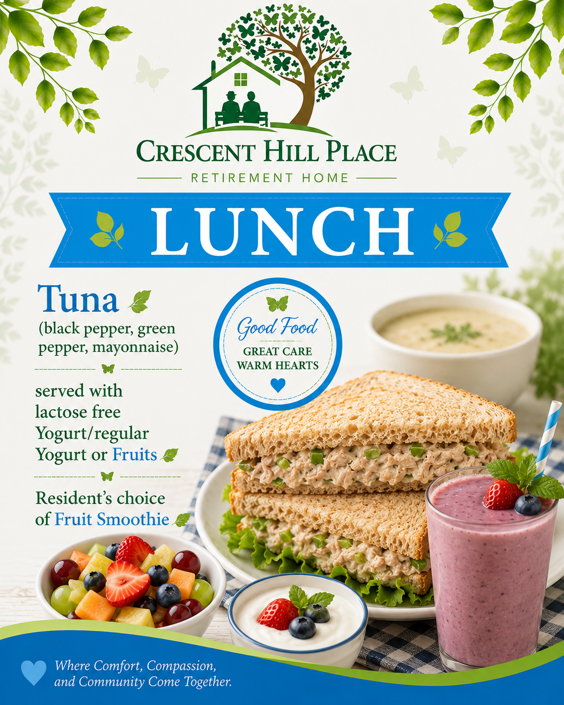 Crescent Hill Place lunch flyer with tuna sandwiches, soup, yogurt, fruit and smoothie on a blue banner backdrop