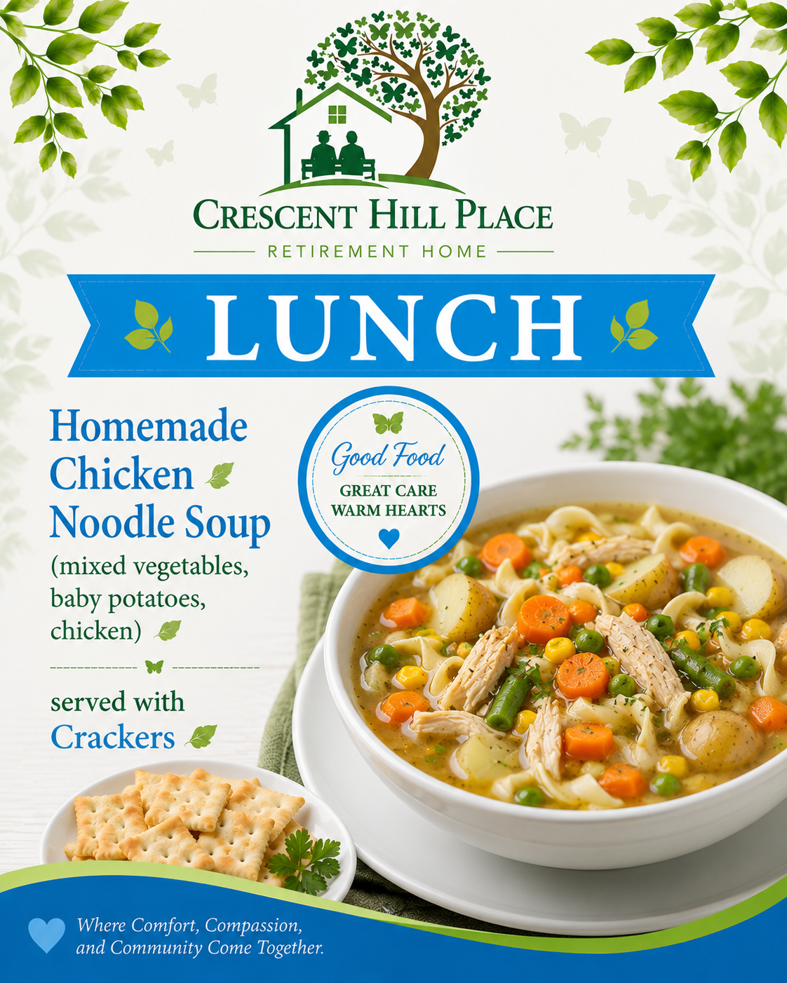 Lunch flyer for Crescent Hill Place: chicken noodle soup with crackers, blue and green design, bowl of soup photo