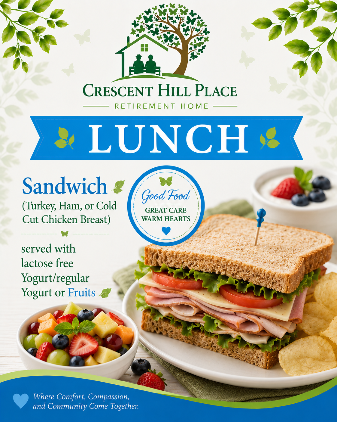Lunch menu poster with sandwich, salad, fruit, and leafy green border for Crescent Hill Place