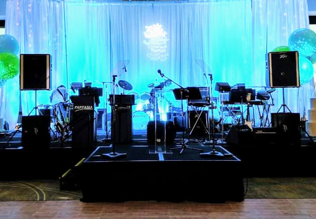 A large stage with a lot of instruments on it.