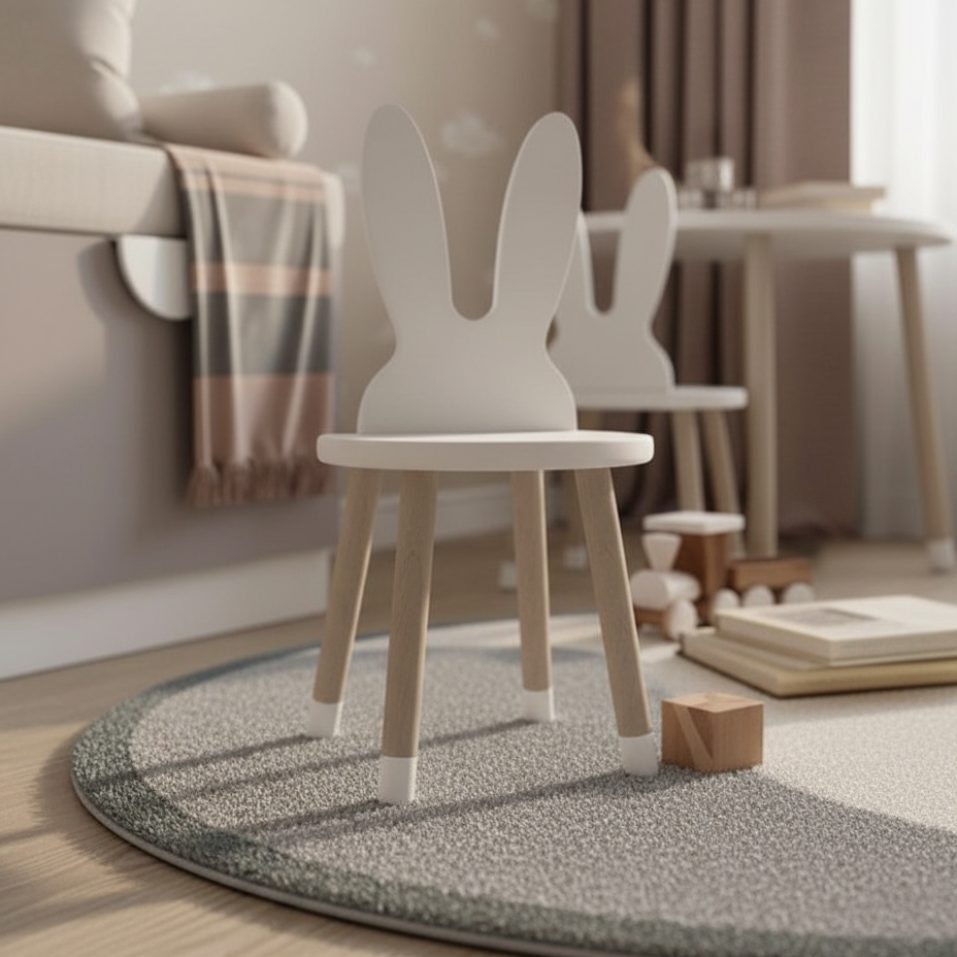 Sillas blancas con orejas de conejo sobre una alfombra en una habitación infantil, cerca de una mesa y juguetes.
